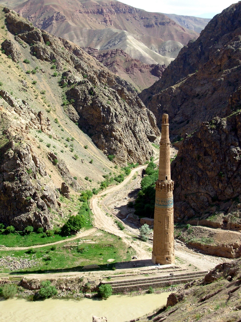 The decorated brick Minaret of Jam beside a river in Ghor Province